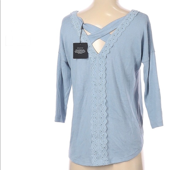 NWT Bobeau Dusty Blue Crisscross Back 3/4 Sleeve Knit Pullover Sweater Size M - Picture 2 of 3